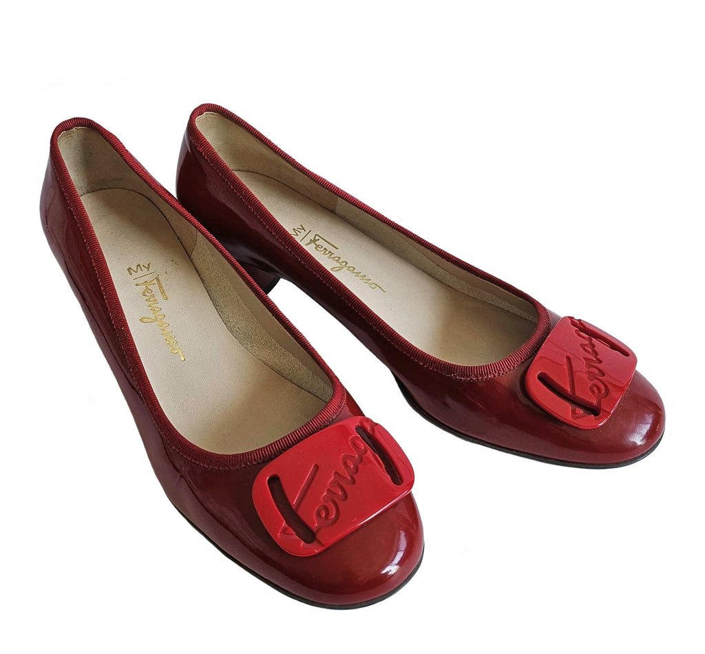 SALVATORE FERRAGAMO RED PATENT LEATHER MY CHARM PUMPS SHOES 6.5 ReFrock