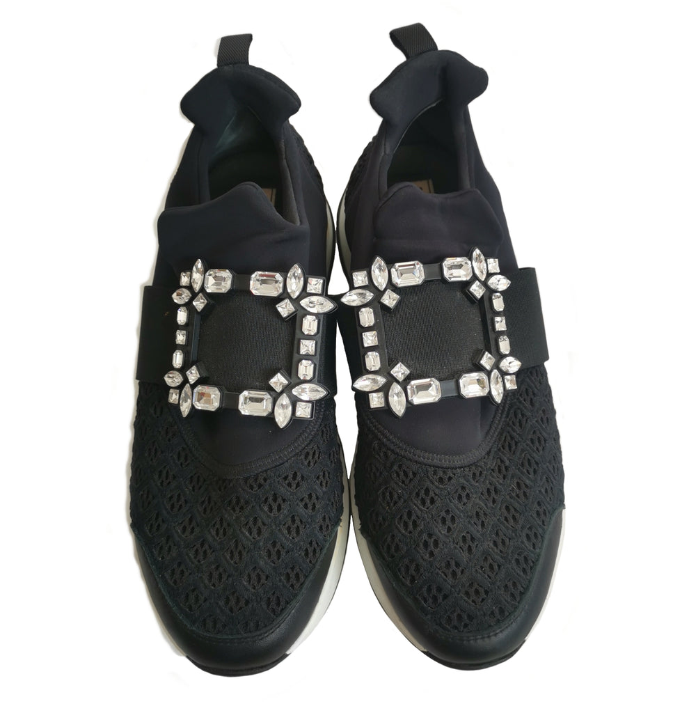 ROGER VIVIER BLACK VIV RUN STRASS LACE CRYSTAL BUCKLE SNEAKERS (39