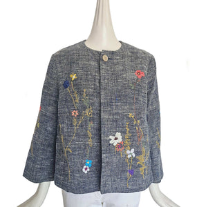 45R BLUE LINEN FLOWER EMBROIDERED JACKET (ONE SIZE)