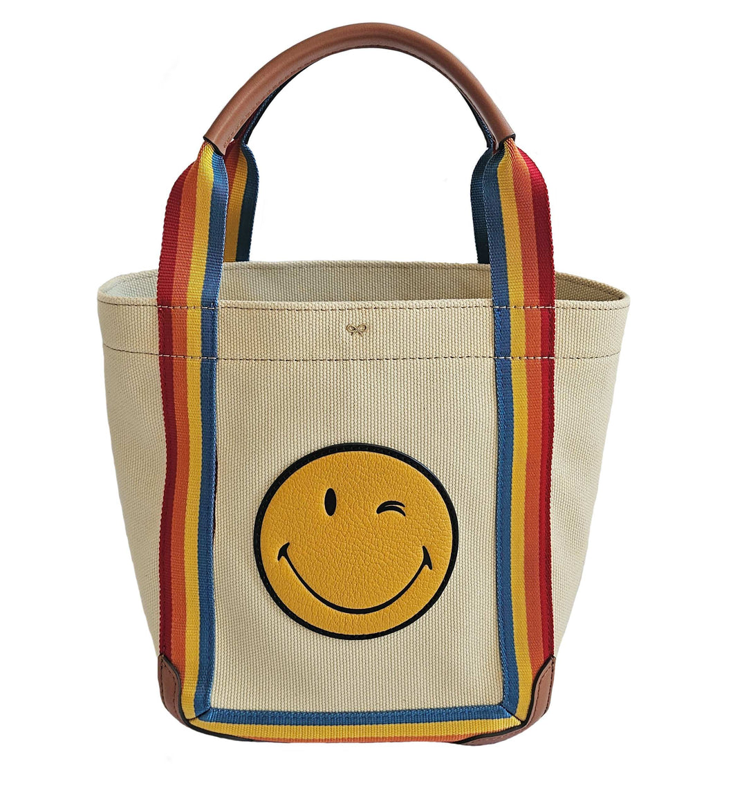 ANYA HINDMACH BEIGE CANVAS SMILEY SMALL TOTE