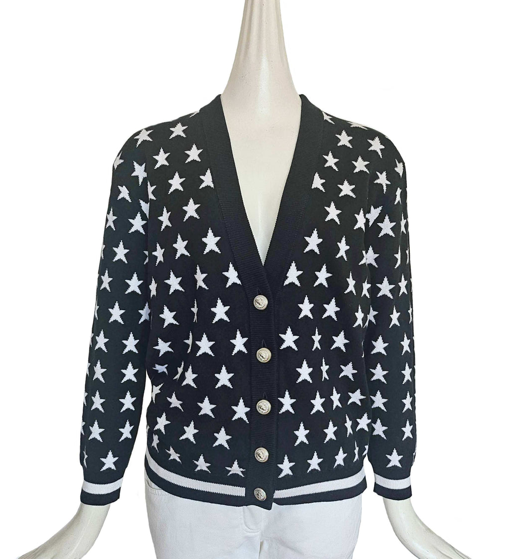 BALMAIN KID BLACK/WHITE STAR PRINT LOGO EMBROIDERED CARDIGAN (12A)