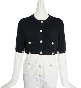 CHANEL BLACK/WHITE 22S RUNWAY CASHMERE 2 IN 1 GOLD CC BUTTON CARDIGAN (38)
