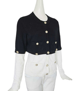 CHANEL BLACK/WHITE 22S RUNWAY CASHMERE 2 IN 1 GOLD CC BUTTON CARDIGAN (38)