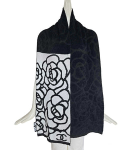 CHANEL BLACK/WHITE CAMELIA JACQUARD CASHMERE SCARF