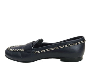 CHANEL NAVY CHAINED CC LEATHER LOAFERS (39C)