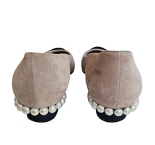 CHANEL BEIGE/BLACK SUEDE CAPTOE FAUX PEARL EMBELLISHED BALLET FLAT SHOES (39C)