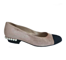 CHANEL BEIGE/BLACK SUEDE CAPTOE FAUX PEARL EMBELLISHED BALLET FLAT SHOES (39C)