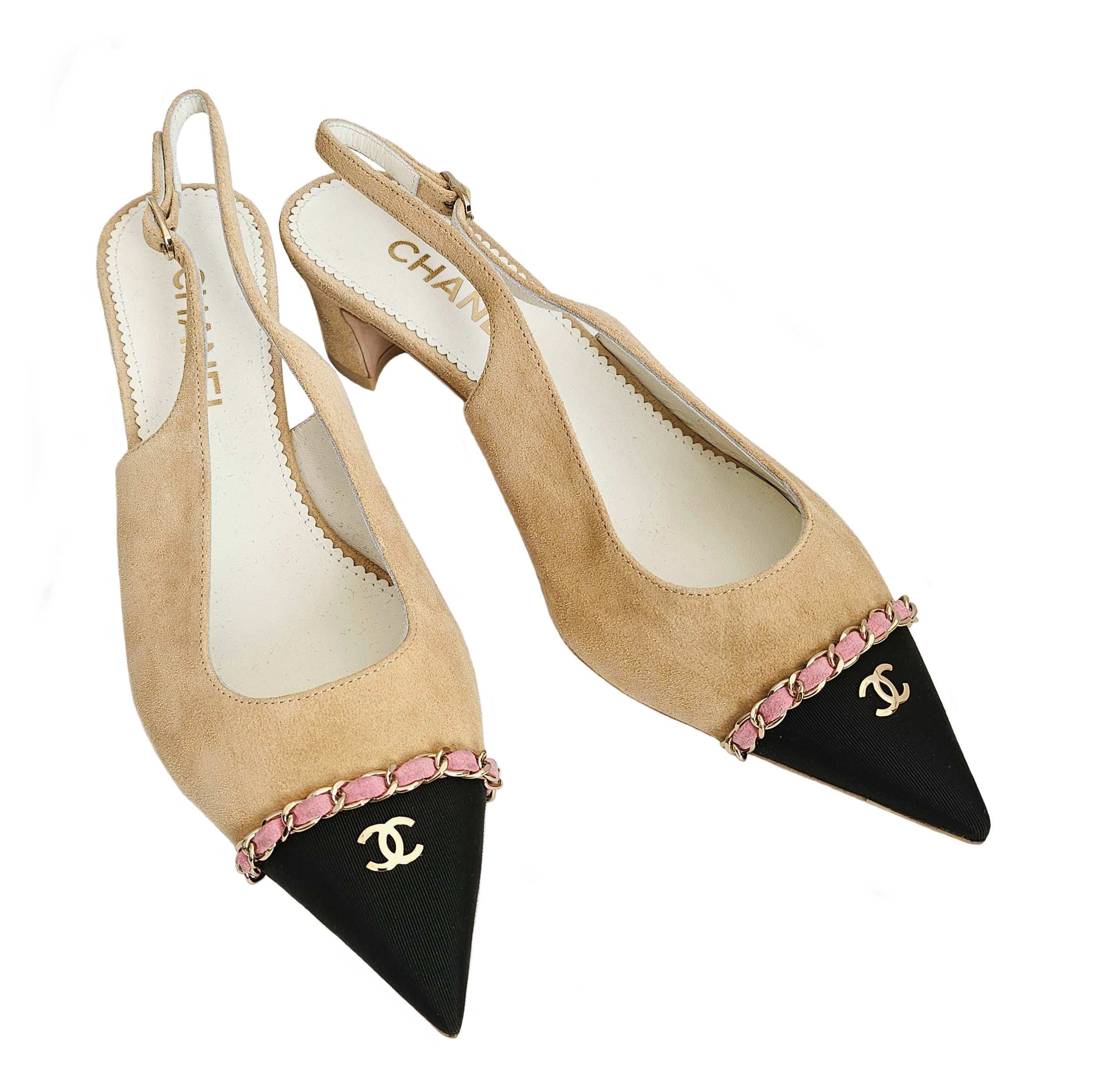 CHANEL BEIGE/PINK CHAINED POINTED CC CAPTOE SLINGBACK SUEDE