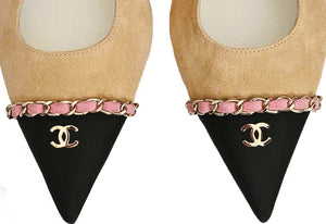 CHANEL BEIGE/PINK CHAINED POINTED CC CAPTOE SLINGBACK SUEDE PUMPS (39.5C)