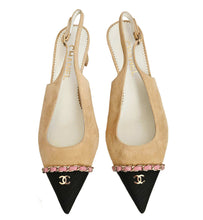 CHANEL BEIGE/PINK CHAINED POINTED CC CAPTOE SLINGBACK SUEDE PUMPS (39.5C)