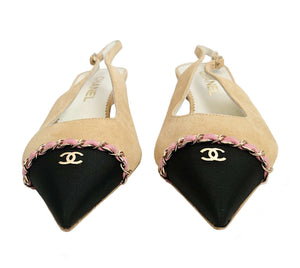 CHANEL BEIGE/PINK CHAINED POINTED CC CAPTOE SLINGBACK SUEDE PUMPS (39.5C)