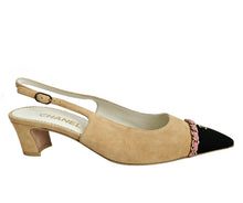 CHANEL BEIGE/PINK CHAINED POINTED CC CAPTOE SLINGBACK SUEDE PUMPS (39.5C)