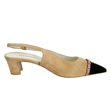 CHANEL BEIGE/PINK CHAINED POINTED CC CAPTOE SLINGBACK SUEDE PUMPS (39.5C)