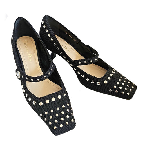 CHRISTIAN DIOR BLACK STUDDED TECHNICAL CANVAS MARYJANES (38)