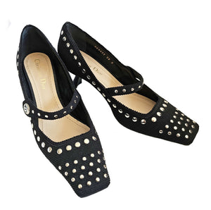 CHRISTIAN DIOR BLACK STUDDED TECHNICAL CANVAS MARYJANES (38)