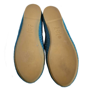 DIOR BLUE POEME COTTON ANKLE TIE BALLET FLATS (38)