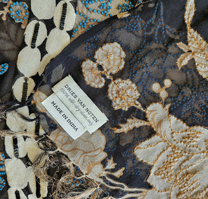 DRIES VAN NOTEN BLACK EMBELLISHED FLORAL SILK LONG SCARF