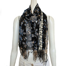 DRIES VAN NOTEN BLACK EMBELLISHED FLORAL SILK LONG SCARF