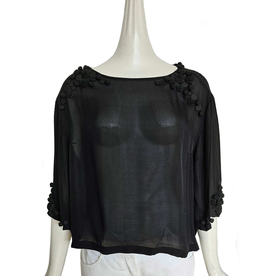 DRIES VAN NOTEN BLACK SHEER BLOUSE WITH BUTTON APPLIQUES (S)