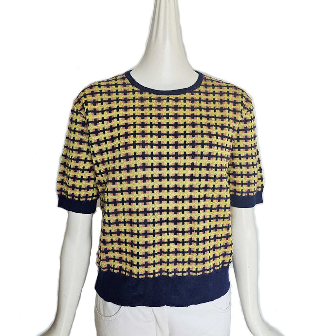 DRIES VAN NOTEN PURPLE/YELLOW JACQUARD SHORT SLEEVES SWEATER (XS)