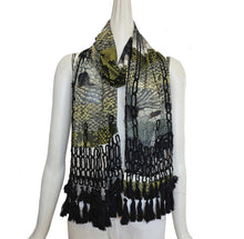 DRIES VAN NOTEN GREEN/BLACK SILK EMBELLISHED PRINTED LONG SCARF