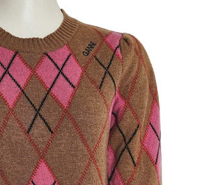 GANNI CAMEL/PINK ARGYLE PRINT SWEATER (M)