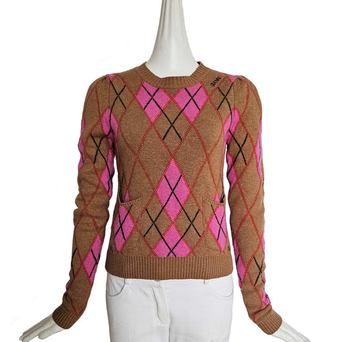 GANNI CAMEL/PINK ARGYLE PRINT SWEATER (S)