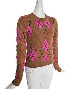 GANNI CAMEL/PINK ARGYLE PRINT SWEATER (S)