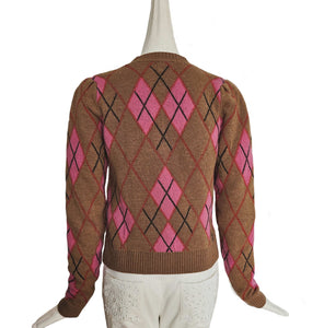 GANNI CAMEL/PINK ARGYLE PRINT SWEATER (M)