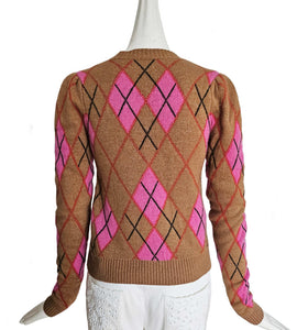 GANNI CAMEL/PINK ARGYLE PRINT SWEATER (S)