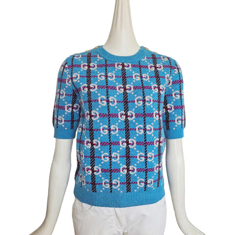 GUCCI BLUE CHECK GG LOGO JACQUARD WOOL SHORT SLEEVE SWEATER (M)
