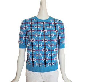 GUCCI BLUE CHECK GG LOGO JACQUARD WOOL SHORT SLEEVE SWEATER (M)