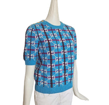 GUCCI BLUE CHECK GG LOGO JACQUARD WOOL SHORT SLEEVE SWEATER (M)