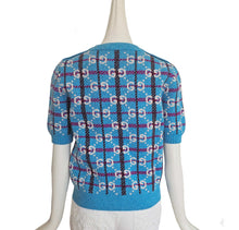 GUCCI BLUE CHECK GG LOGO JACQUARD WOOL SHORT SLEEVE SWEATER (M)