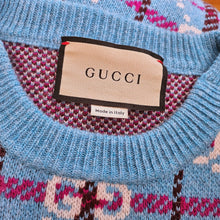 GUCCI BLUE CHECK GG LOGO JACQUARD WOOL SHORT SLEEVE SWEATER (M)