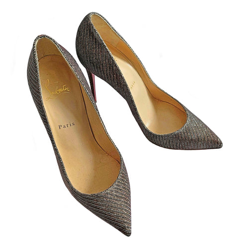 CHRISTIAN LOUBOUTIN METALLIC GLITTER NUDE DECOLTISH 85 NAPPA HEELS (38)