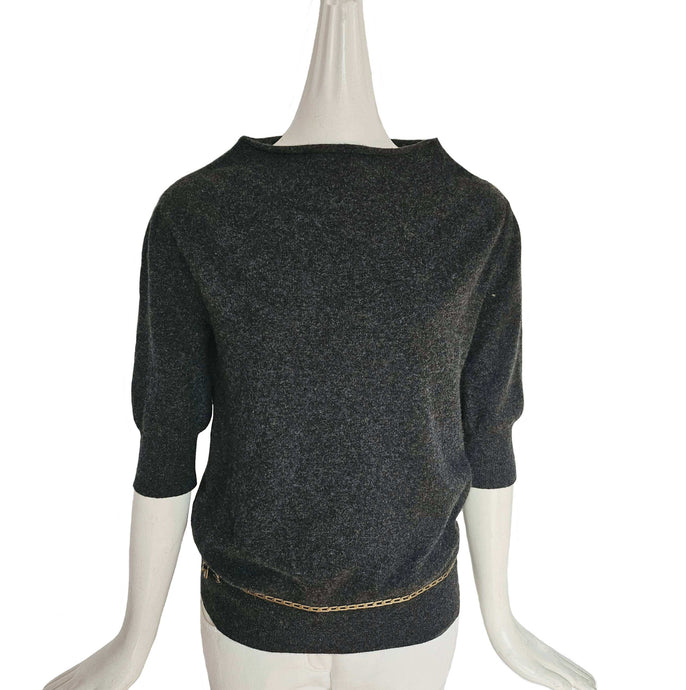 LOUIS VUITTON CHARCOAL PADLOCK LOGO CHAIN MOTIF SHORT SLEEVES CASHMERE SWEATER (XS/S estimate)