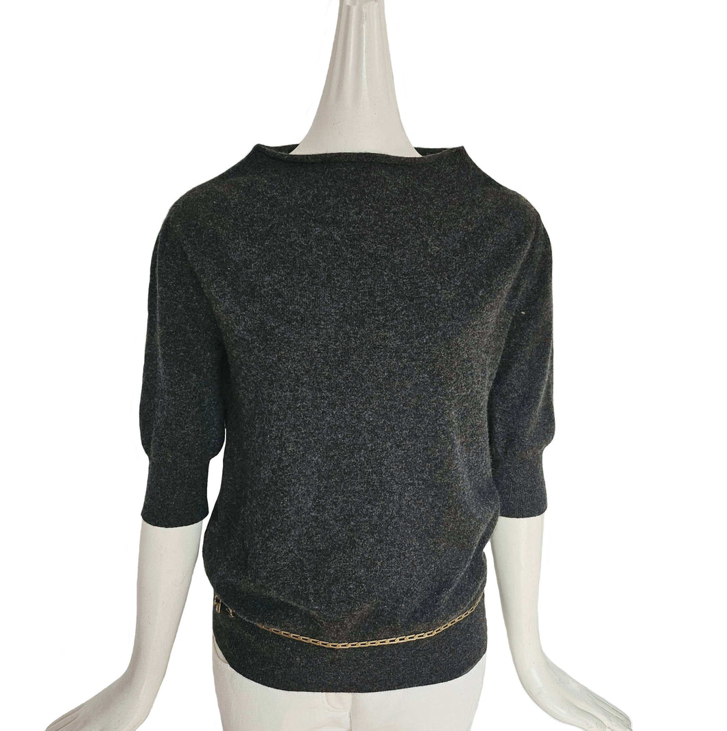 LOUIS VUITTON CHARCOAL PADLOCK LOGO CHAIN MOTIF SHORT SLEEVES CASHMERE SWEATER (XS/S estimate)