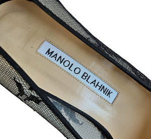 MANOLO BLAHNIK BLACK HANGISI LACE JEWEL BUCKLE PUMPS (37.5)