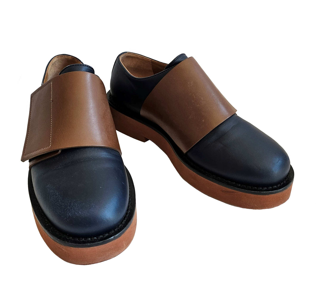 MARNI NAVY/BROWN FRONT FLAP LEATHER SHOES (36)