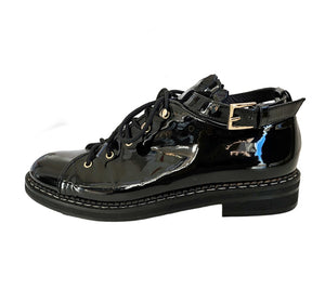 MAX MARA BLACK PATENT LEATHER ANKLE STRAP OXFORDS SHOES (39)