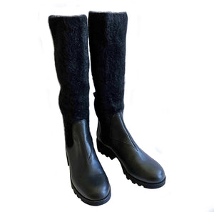 MIU MIU BLACK MOHAIR AND LEATHER TALL BOOTS (39)