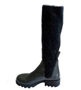 MIU MIU BLACK MOHAIR AND LEATHER TALL BOOTS (39)