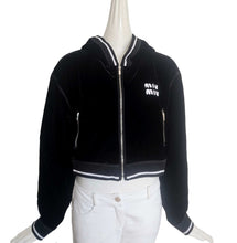 MIU MIU BLACK VELVET CROPPED LOGO HOODED JACKET (40)