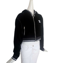 MIU MIU BLACK VELVET CROPPED LOGO HOODED JACKET (40)
