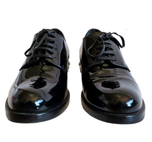 MIU MIU BLACK PATENT LEATHER CRYSTAL HEELS OXFORDS (37.5)