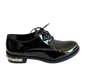 MIU MIU BLACK PATENT LEATHER CRYSTAL HEELS OXFORDS (37.5)