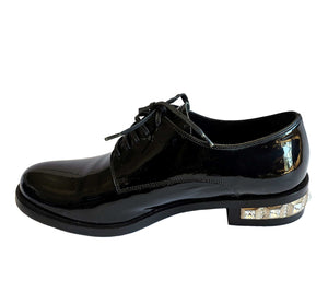 MIU MIU BLACK PATENT LEATHER CRYSTAL HEELS OXFORDS (37.5)