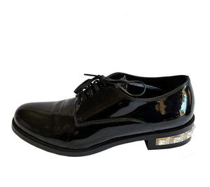 MIU MIU BLACK PATENT LEATHER CRYSTAL HEELS OXFORDS (37.5)