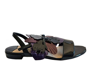 MIU MIU BLACK PATENT LEATHER FLOWER SANDALS (35)
